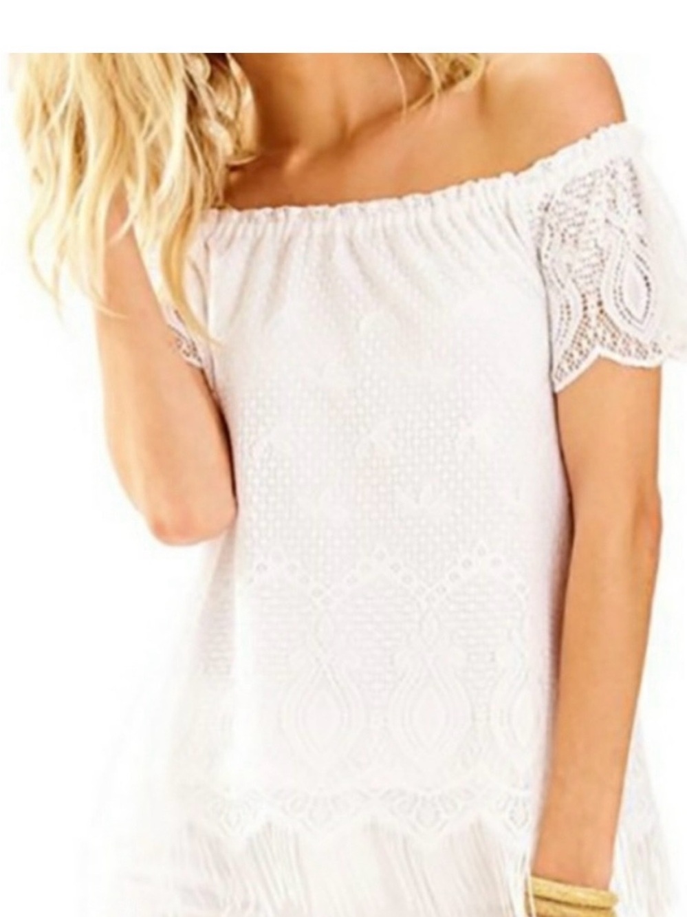 Lilly Pulitzer Beach Bliss Marbled Lace Fringe Top Small White Coastal Resort